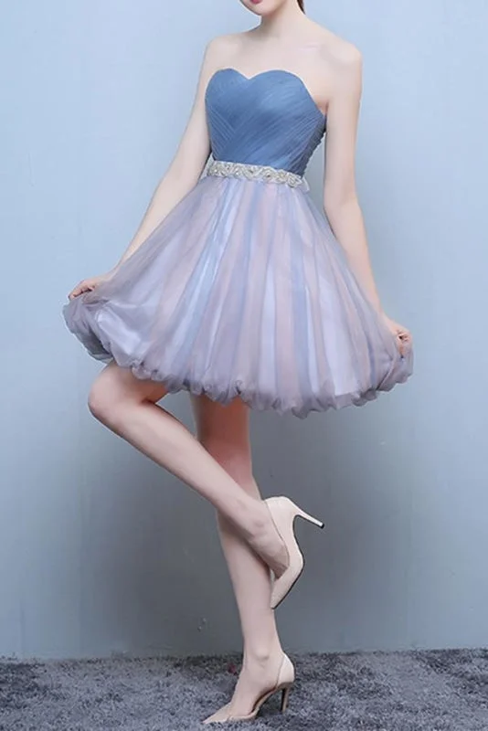 evening dress with high-low hem-Princess Steel Blue Sweetheart Tulle Short Homecoming Cute Prom Dress with Beads