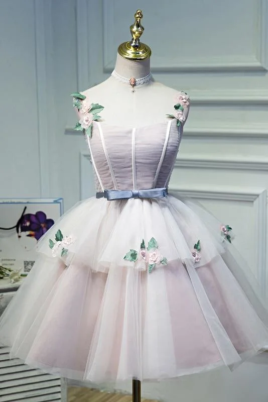 long sleeve evening dress-Puffy Straps Tulle Homecoming Flowers Princess Graduation Dress with Belt