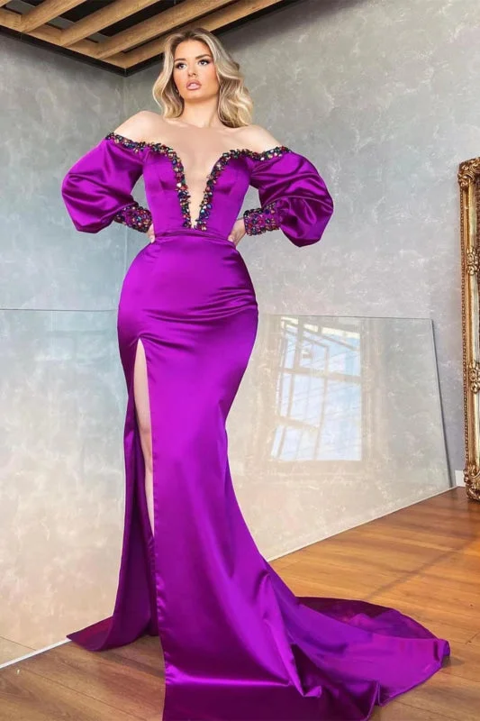 floral print evening dress-Purple Off-the-Shoulder V-Neck Beaded Long Sleeve Mermaid Prom Dress with Front Split