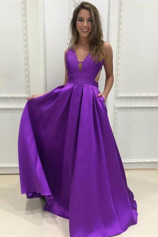 off-the-shoulder evening dress-Purple V-Neck Sleeveless A-Line Prom Dress with Pockets