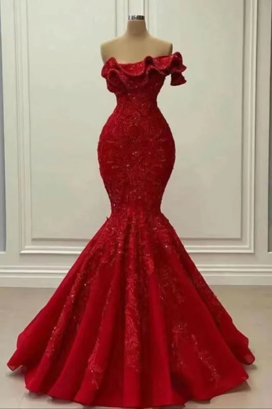 sparkly evening dress-Red Elegant Strapless Sequined Mermaid Prom Dress On Sale