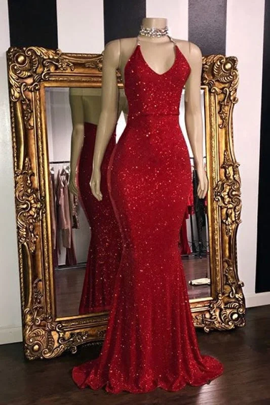 halter neck evening gown-Red Hot Sequin Mermaid Prom Gown - Sleeveless Glamour