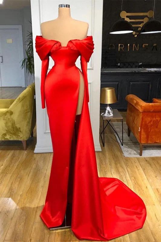 formal evening gown-Red Off-the-Shoulder Long Sleeve Mermaid Prom Dress with Split