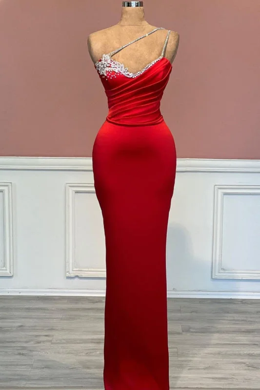 illusion back evening dress-Red Satin One-Shoulder Prom Dress with Sleeveless Beaded Detail