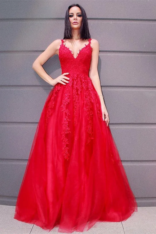 satin evening gown-Red Sleeveless Lace Appliqued Prom Dress