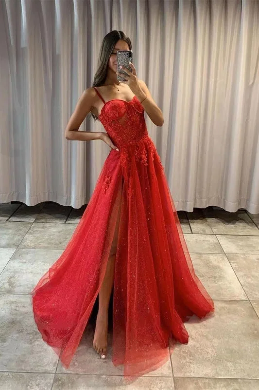 evening dress with blouson top-Red Spaghetti-Strap Sweetheart Sequined Prom Dress with Slit and Tulle