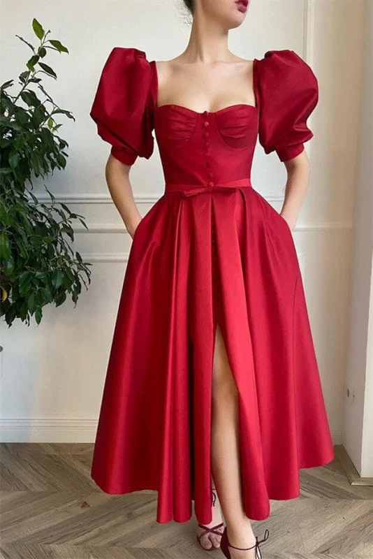 lace evening gown-Red Split Front Short Prom Dress with Square Neckline and Short Sleeves