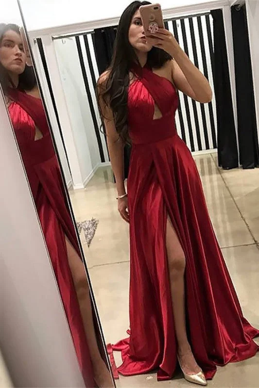 mermaid evening dress-Red Wine Halter Neck Mermaid Prom Gown with Sultry Leg Slit