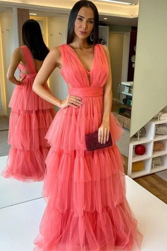 mermaid evening gown-Refreshing Watermelon Tulle Prom Gown