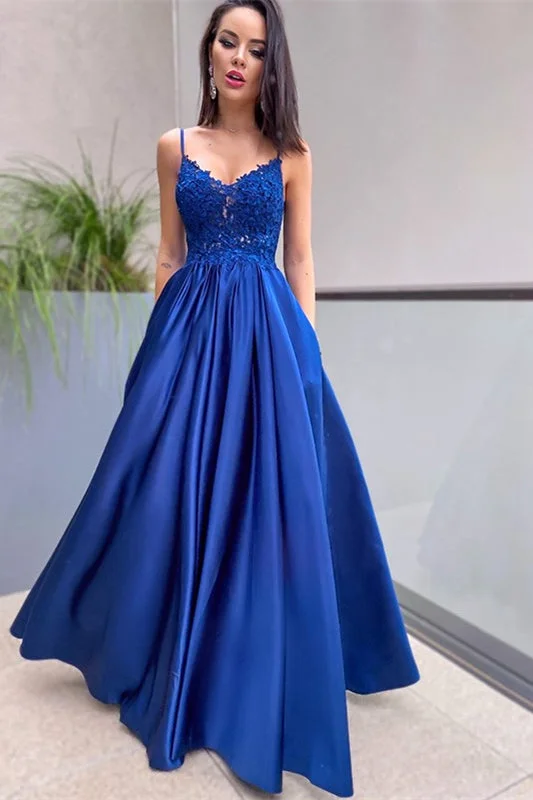 scalloped hem evening dress-Regal Blue Lace Applique Prom Dress with Elegant Pockets