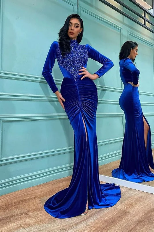 sleeveless evening dress-Regal Blue Mermaid Prom Gown with Long Sleeves