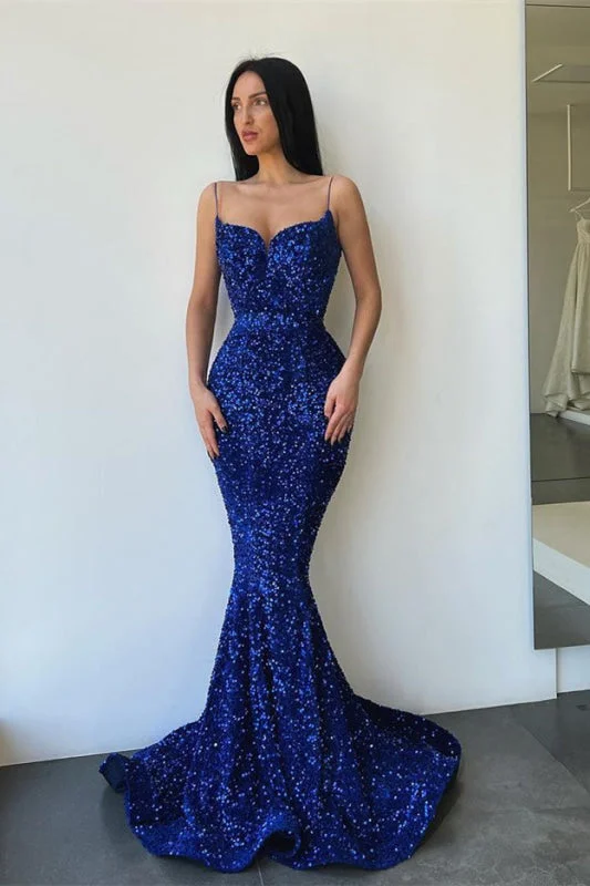 sparkly evening dress-Regal Blue Sequined Mermaid Prom Gown with Elegant Spaghetti Straps