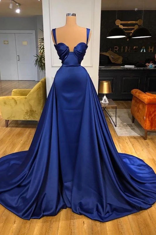 strapless evening dress-Regal Blue Strap Long Prom Dress with Elegant Overskirt