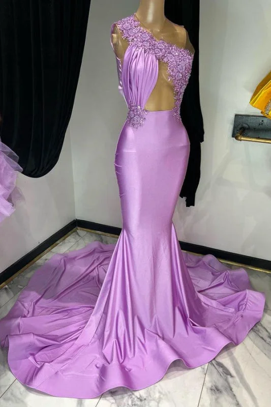 tulle evening gown-Regal Purple One Shoulder Mermaid Prom Gown with Sleeveless Design