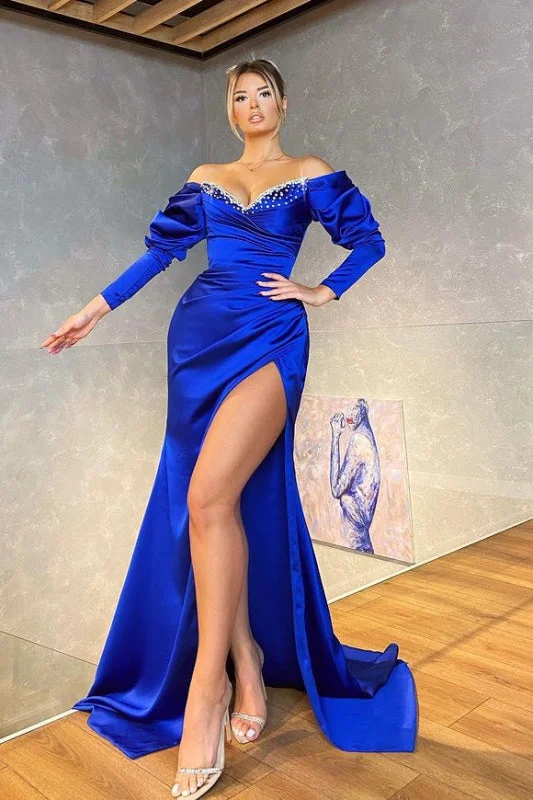 ball gown evening dress-Regal Sapphire Mermaid Gown with Elegant Long Sleeves