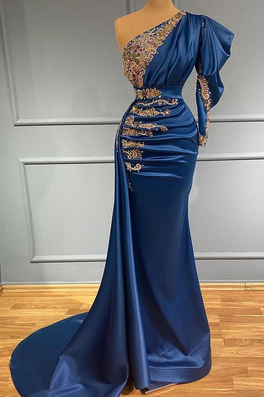 black lace evening dress-Regal Sapphire One-Shoulder Mermaid Prom Gown with Exquisite Beadwork