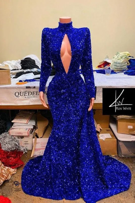 chiffon evening gown-Regal Sapphire Sequined Mermaid Gown with High Neck and Long Sleeves