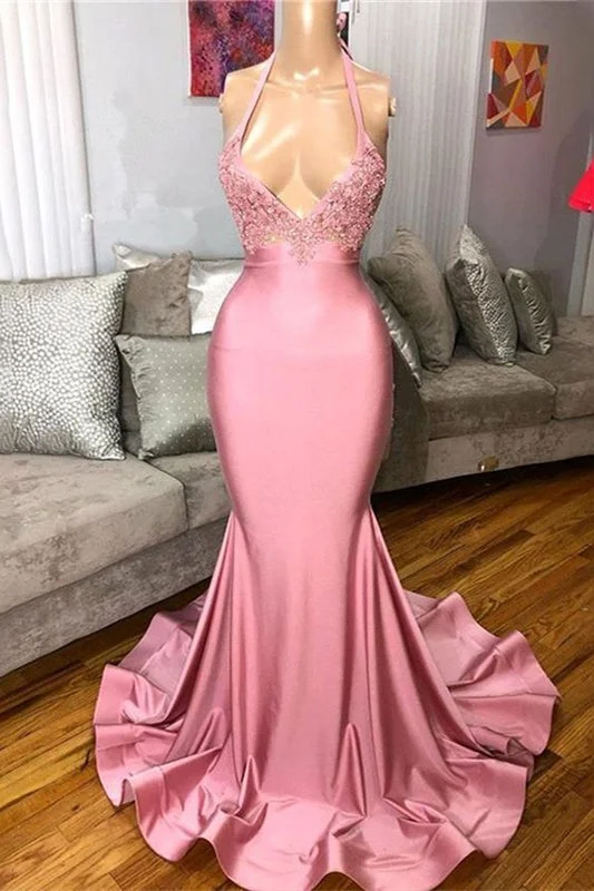 elegant satin evening gown-Rose Quartz Halter Mermaid Gown Embellished with Delicate Lace Appliques