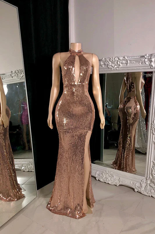 elegant evening dress with sleeves-Rose Sleeveless Halter Prom Dress with Sequins and Long Slit