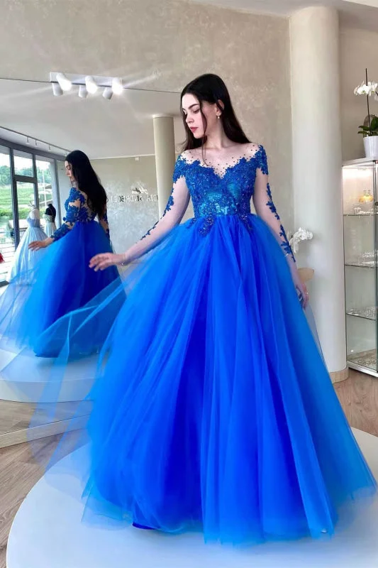 empire waist evening dress-Royal Blue Appliqued Tulle Prom Gown with Long Sleeves