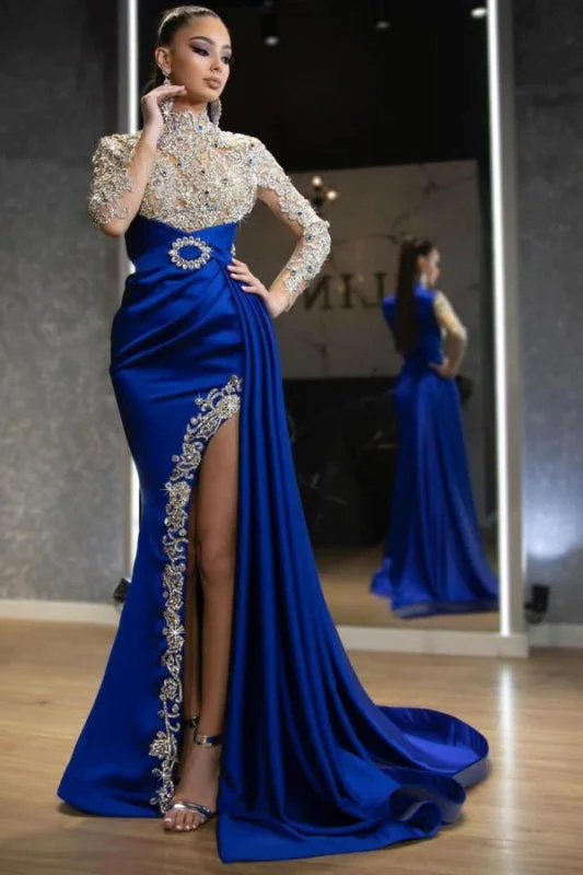 evening dress with beads-Royal Blue Elegance with Beaded Details and Ruffled Split Sleeves