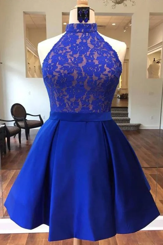 layered evening dress-Royal Blue High Neck Satin Short Homecoming with Lace Top Cute Prom Dress