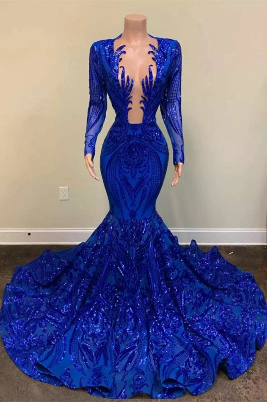 evening dress with crystal embellishments-Royal Blue Long-Sleeve Mermaid Prom Dress with Heavy Appliques