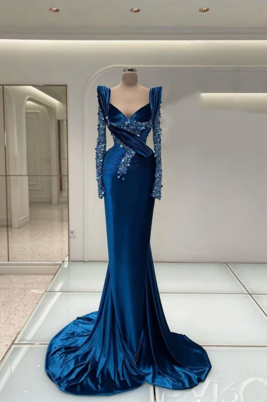 evening dress with crystals-Royal Blue Mermaid Prom Dress with Elegant Long Sleeves and Sparkling Beadwork