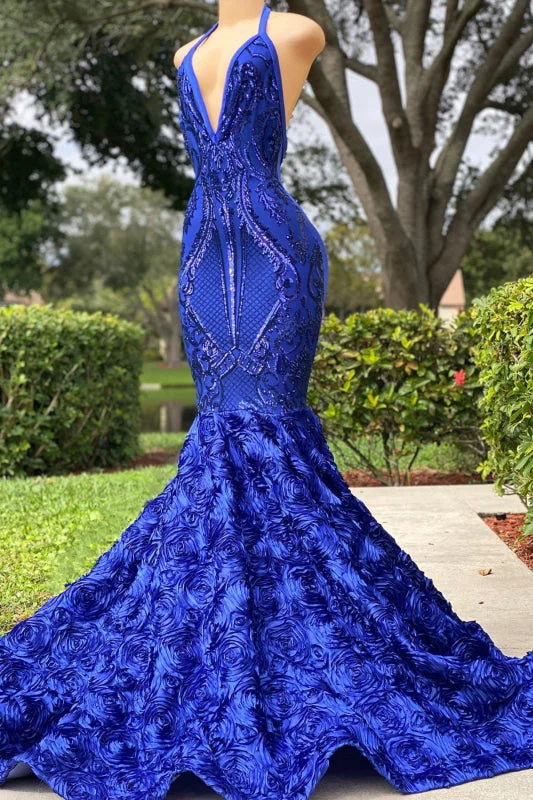 evening dress with fringe-Royal Blue Mermaid Prom Dress with Halter Neckline and Open Back