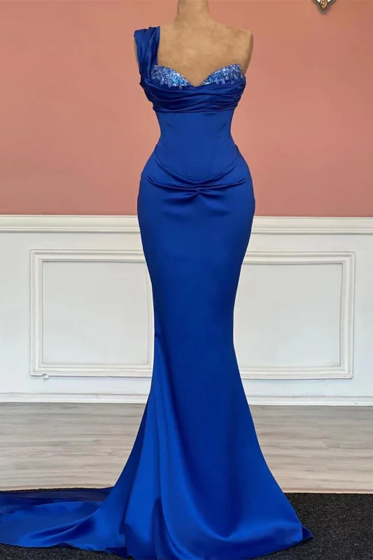 fit and flare evening dress-Royal Blue One-Shoulder Long Sweetheart Mermaid Prom Dress with Sequins