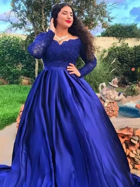 elegant ball gown evening dress-Royal Blue Plus Size Prom Dresses with Full Sleeves