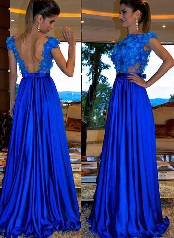 layered evening dress-Royal Blue Prom Dresses Backless with Flower Appliques