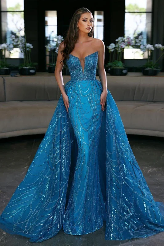 evening dress with plunging neckline-Royal Blue Sequin Embellished Sleeveless Strapless Evening Gown