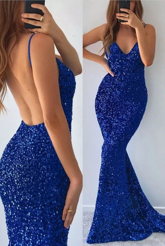 modest evening gown-Royal Blue Sequined Spaghetti-Straps V-Neck Mermaid Prom Dress with Split