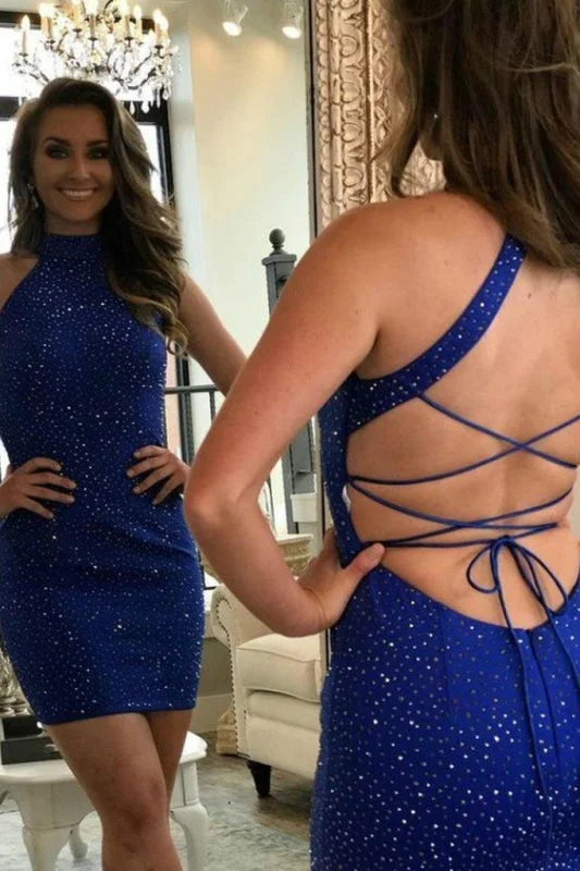 evening dress with beads-Royal Blue Sexy Sheath Short Formal Dresses Sparkly High Neck Mini Homecoming Dress