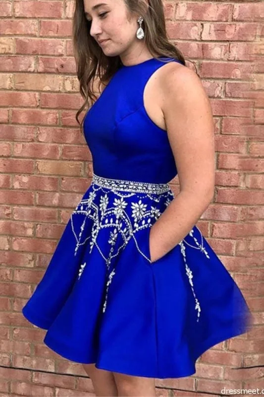 elegant formal black evening dress-Royal Blue Simple Short Homecoming with Beading A Line Sleeveless Satin Prom Dress