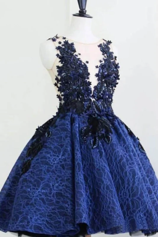 evening dress with crystal embellishments-Royal Blue Sleeveless Lace Homecoming A Line Short Graduation Dress with Appliques