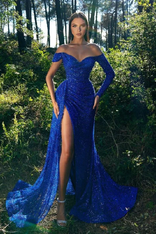 evening dress with side slit-Royal Blue Sparkling Sequin Evening Gown with Daring Slit