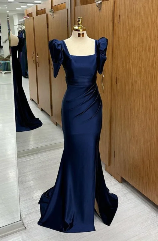 elegant formal black evening dress-Royal Blue Square Neck Long Mermaid Prom Dress with Bubble Sleeves and Slit