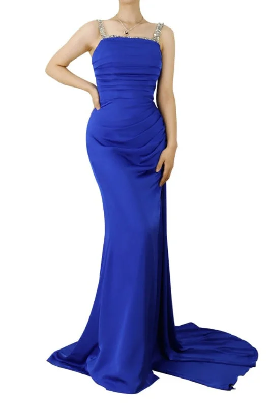 evening gown with sheer overlay-Royal Blue Sweetheart Long Prom Dress with Slit and Pleated Sleeveless Design