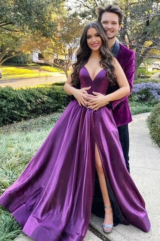 floral print evening dress-Royal Purple V-Neck Prom Gown with Delicate Spaghetti Straps