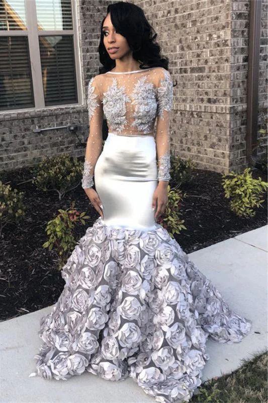 beaded bodice evening dress-Royal Silver Long Sleeve Flower Appliqued Mermaid Prom Dress