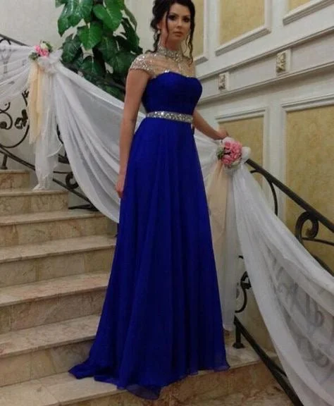 scalloped hem evening dress-Royal Blue Prom Dresses Chiffon with Rhinestones