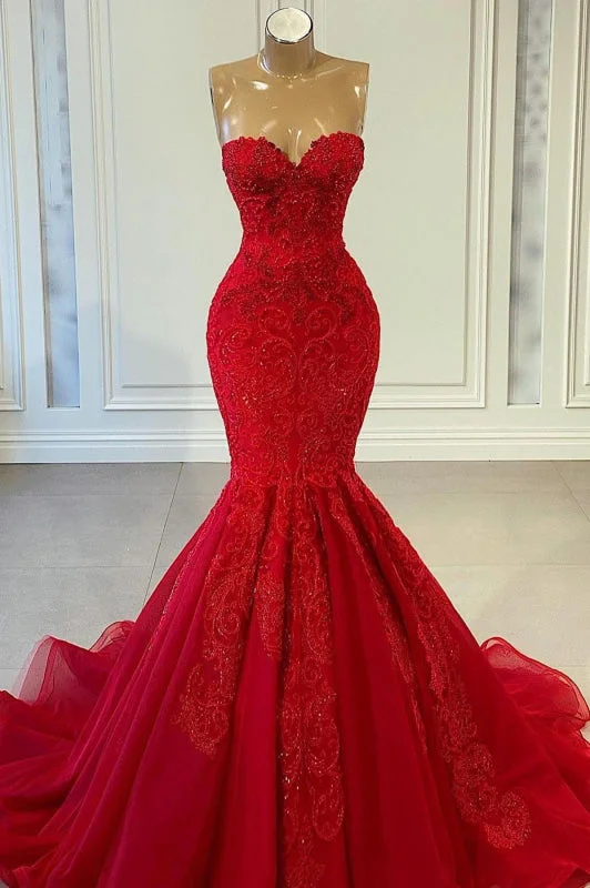 formal red evening dress-Ruby Passion Sleeveless Mermaid Prom Gown Adorned with Beadwork