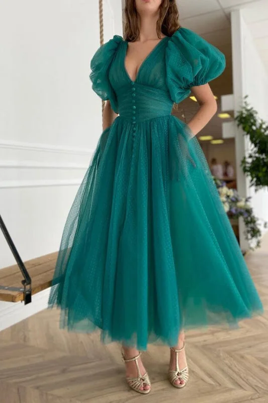 jewel neckline evening dress-Sale: Elegant Dark Green A-Line Evening Dress with V-Neck and Short Sleeves