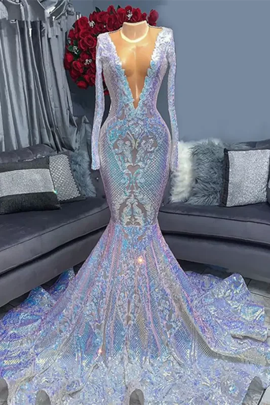 illusion back evening dress-Sale on Long Sleeve Mermaid Sequins Prom Dress