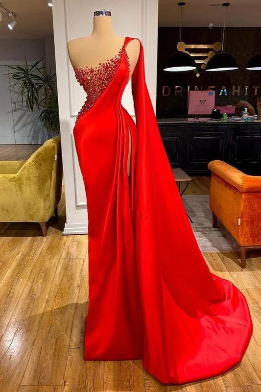 satin evening gown-Scarlet Siren Mermaid Prom Gown with Dazzling Beaded Accents and Thigh-High Slit