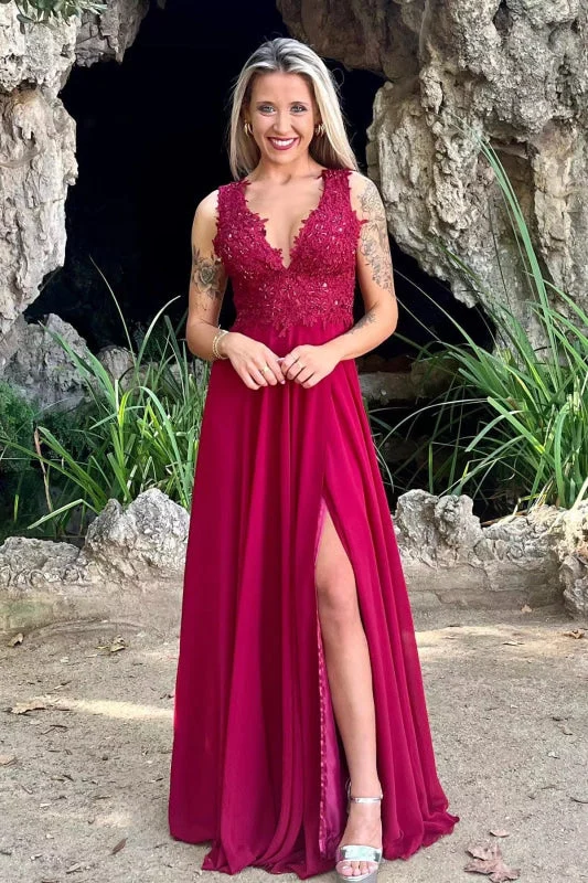 sparkly evening dress-Scarlet V-Neck Gown with Elegant Appliques