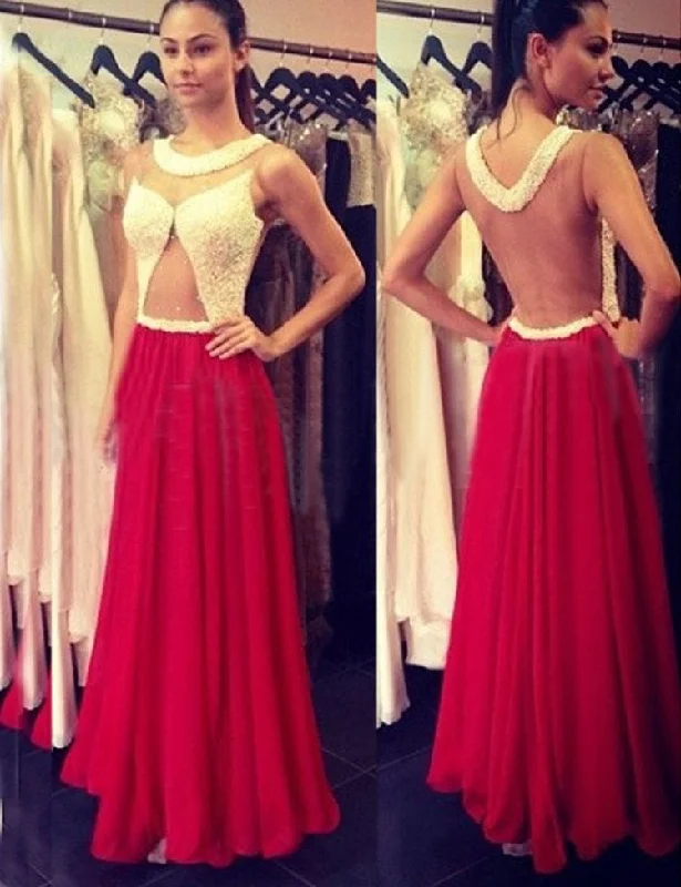 backless evening dress-Scoop Sheer Back Long Prom Dresses for Women