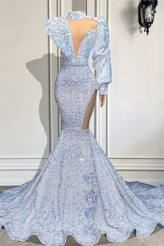 vintage lace evening dress-Sequin Embellished High Neck Mermaid Prom Dress with Long Sleeves